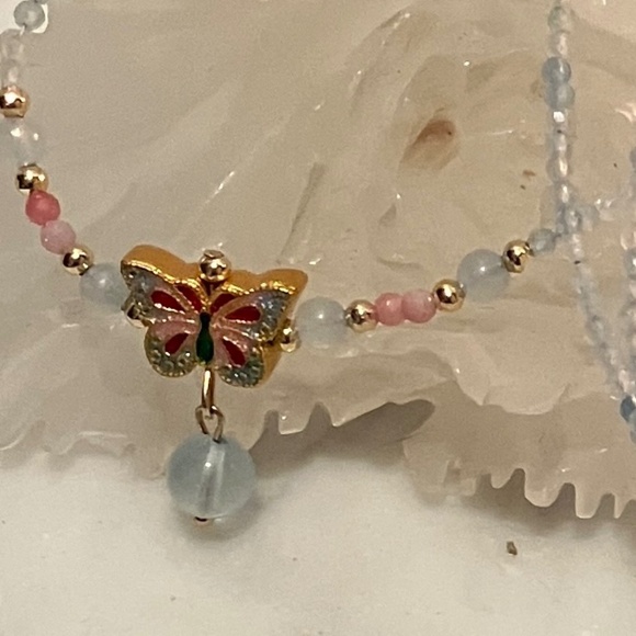 Aquamarine Pink Opal Adjustable Bracelet & Necklace Butterfly Charm - NWOT - Picture 7 of 14